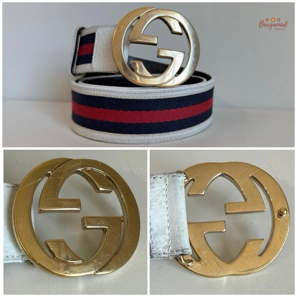 Authentic Gucci Web Canvas White Leather Gold Interlocking G Buckle Belt 85/34 - Picture 2 of 14